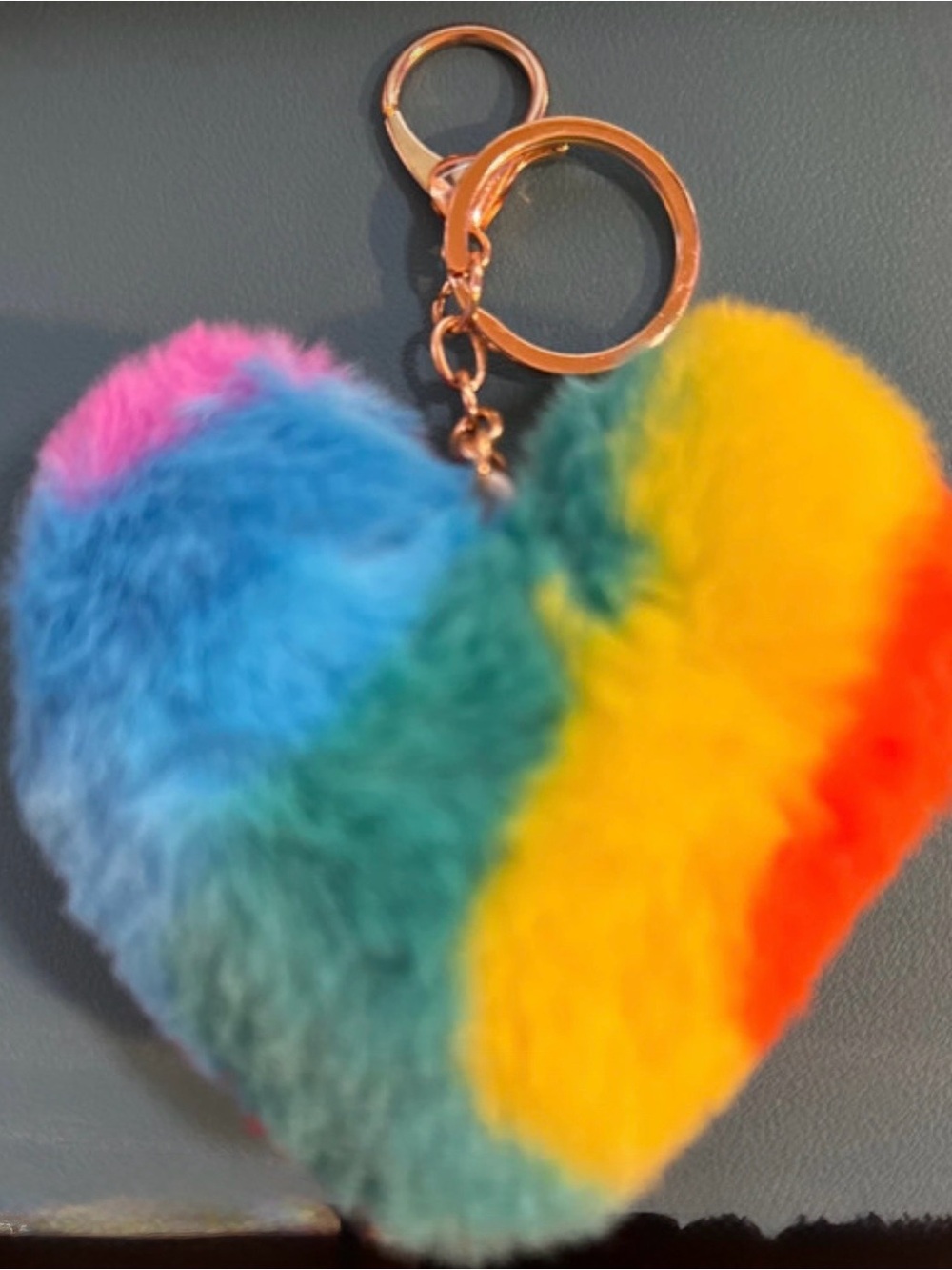 Plush Rainbow Heart Keychain - Bag Tag Multicolor Faux Fur
